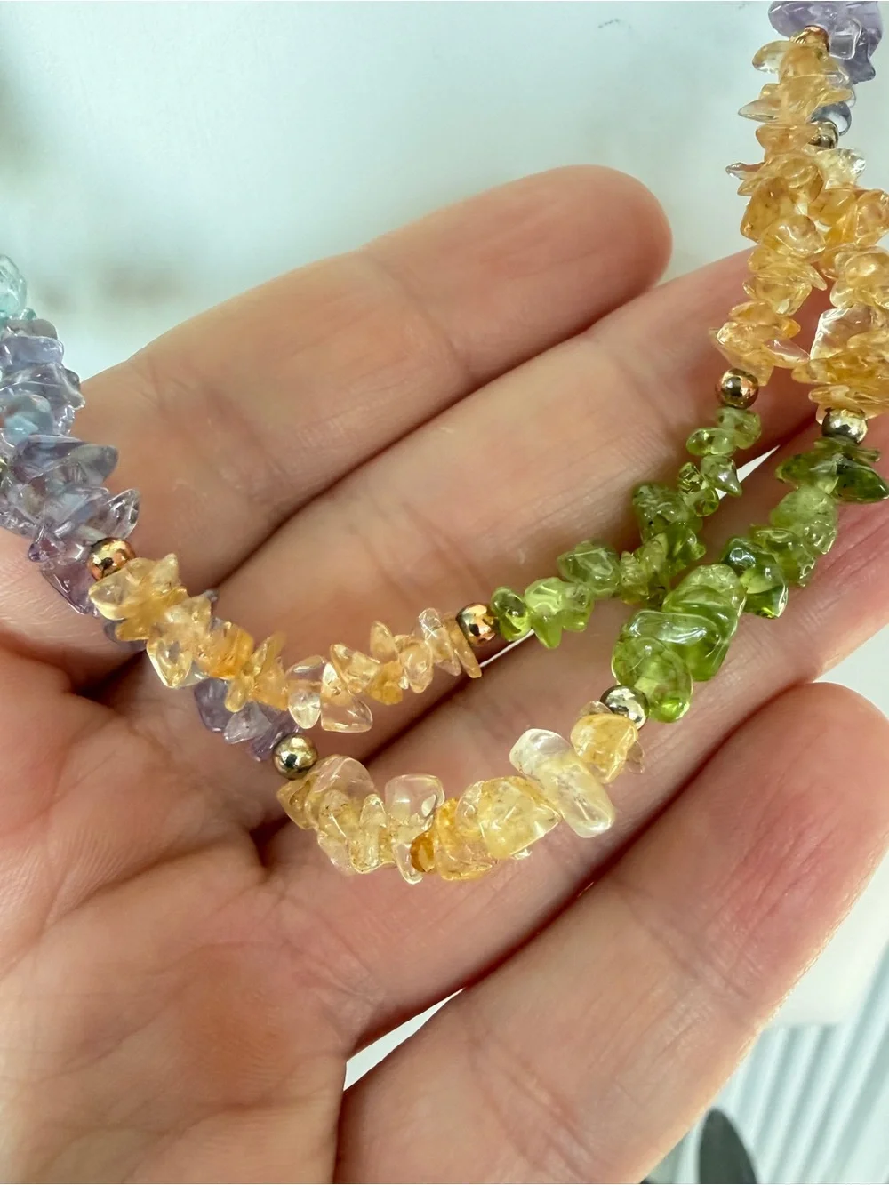22” citrine, aquamarine, amethyst, peridot chip necklace w/ gold box clasp!